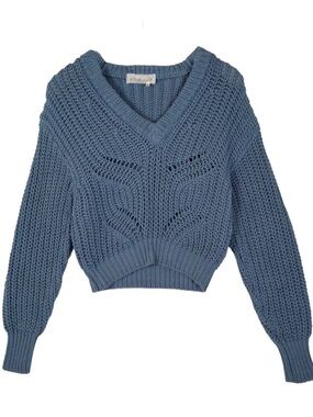 REMAIN Birger Christensen Icy Blue Chunky Knit Cropped V-Neck Sweater Sz XS/S/M